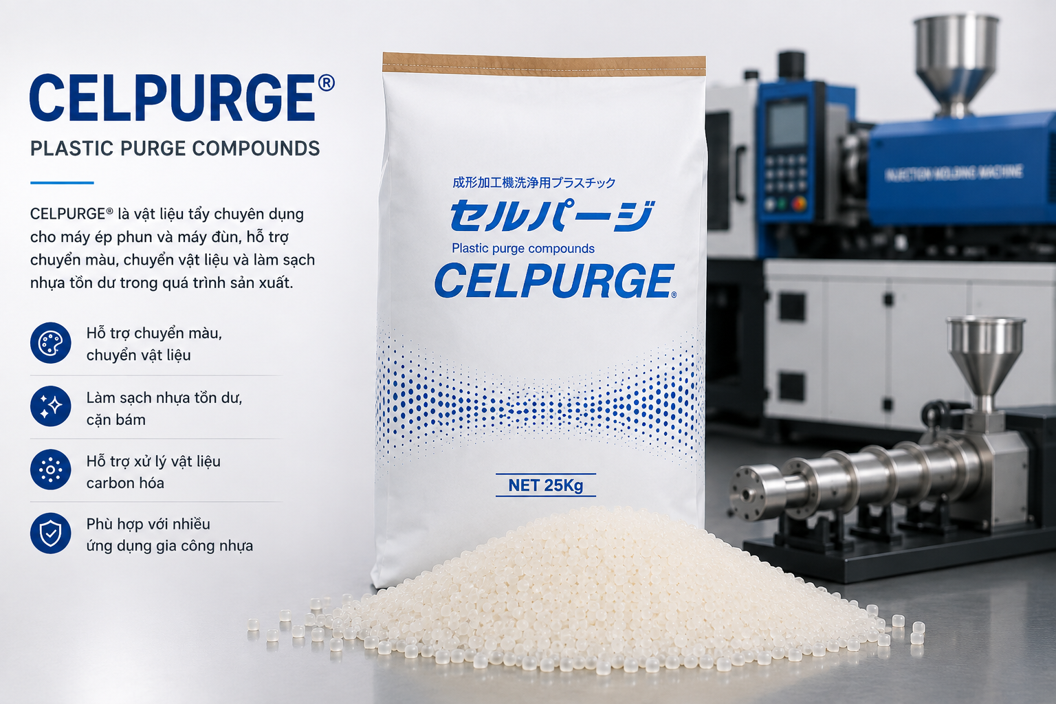 CELPURGE&reg; nhựa tẩy m&aacute;y &eacute;p phun v&agrave; m&aacute;y đ&ugrave;n